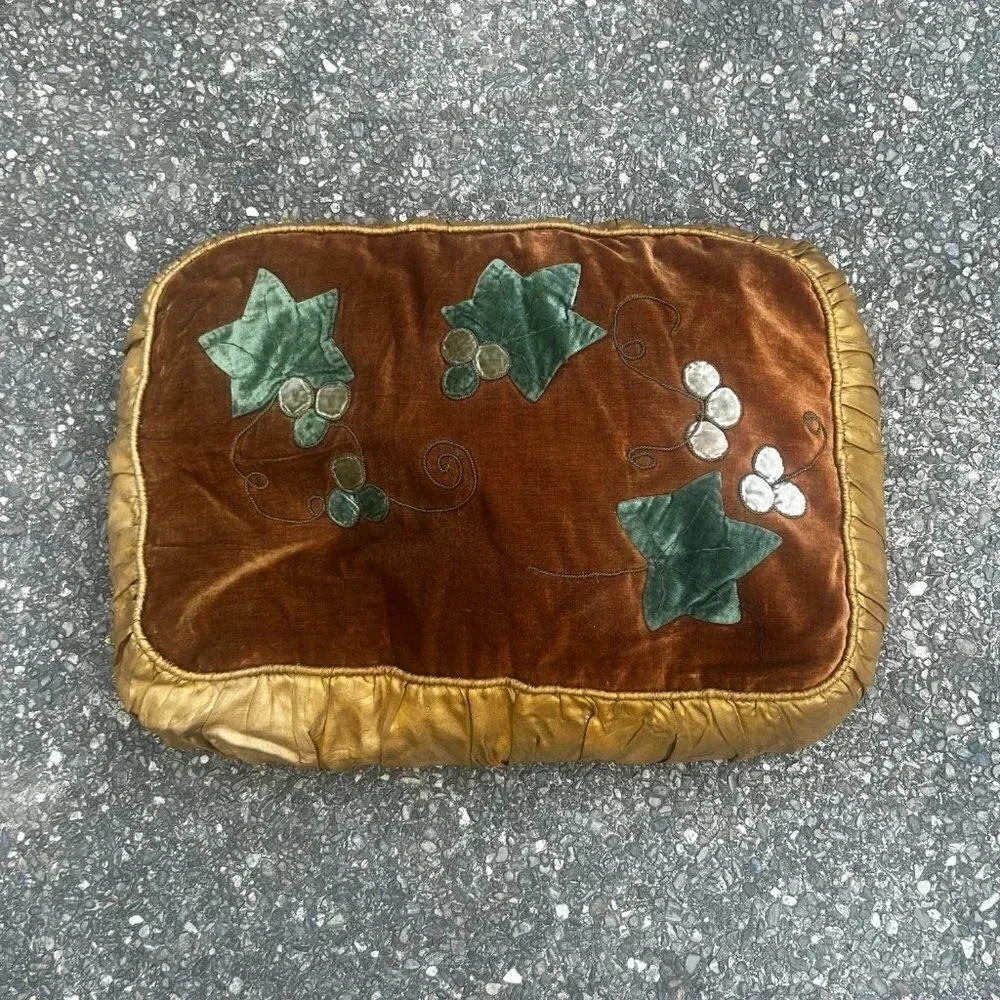 Victorian Antique Handmade Velvet Grapes Vines and Leaves Satin Backed Pillow